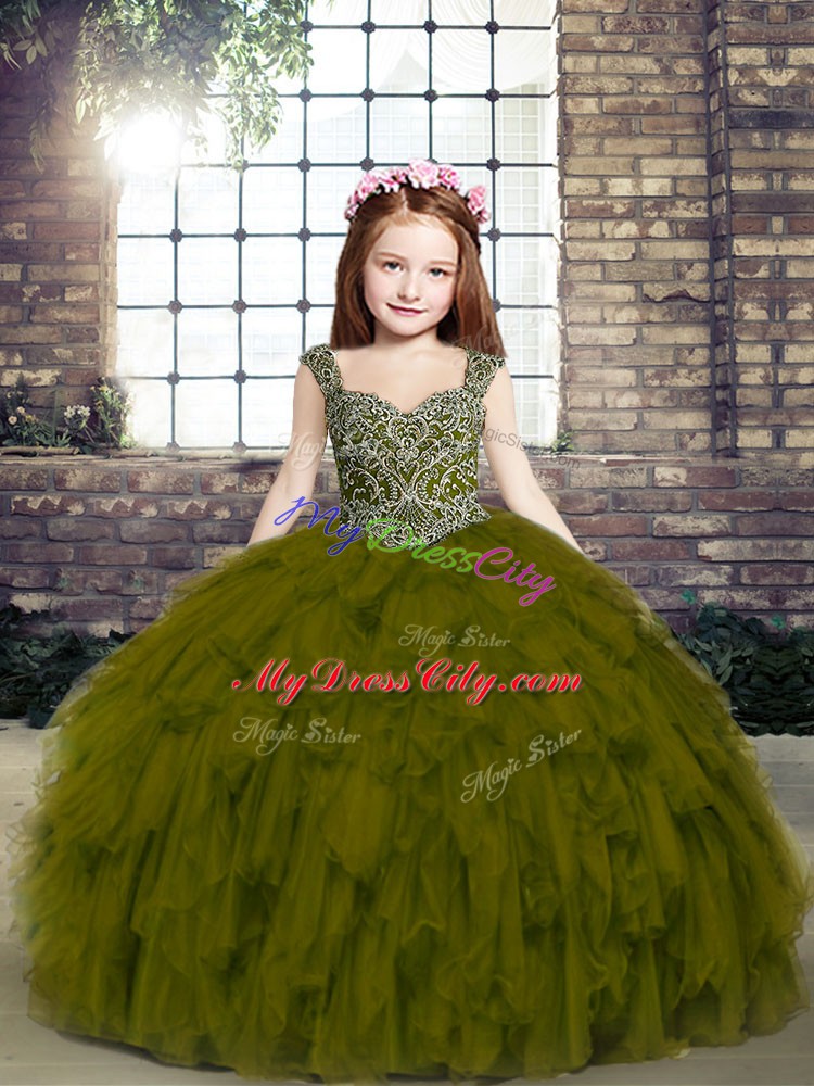 Floor Length Ball Gowns Sleeveless Olive Green Kids Formal Wear Lace Up