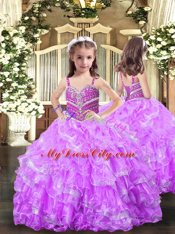 Excellent Lilac Lace Up Pageant Dress Beading and Ruffles Sleeveless Floor Length