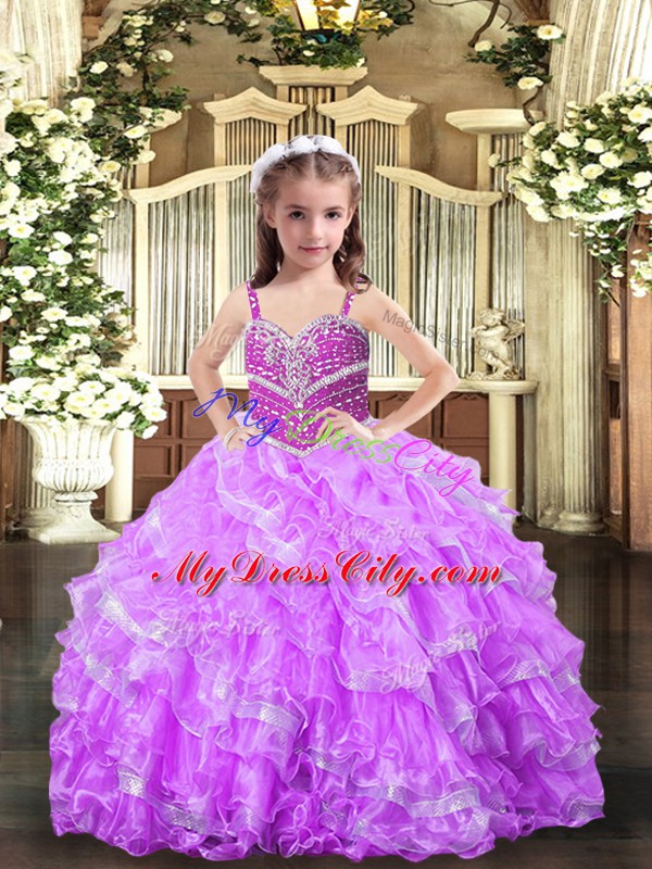 Excellent Lilac Lace Up Pageant Dress Beading and Ruffles Sleeveless Floor Length