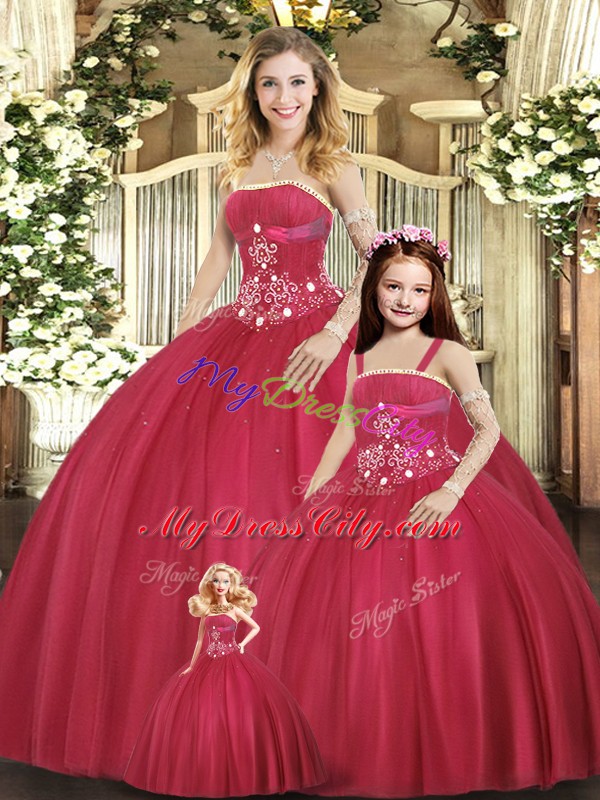 Lovely Red Tulle Lace Up Sweet 16 Quinceanera Dress Sleeveless Floor Length Beading