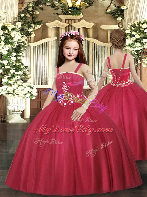 Lovely Red Tulle Lace Up Sweet 16 Quinceanera Dress Sleeveless Floor Length Beading