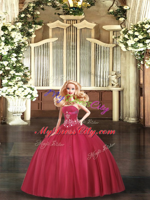 Lovely Red Tulle Lace Up Sweet 16 Quinceanera Dress Sleeveless Floor Length Beading