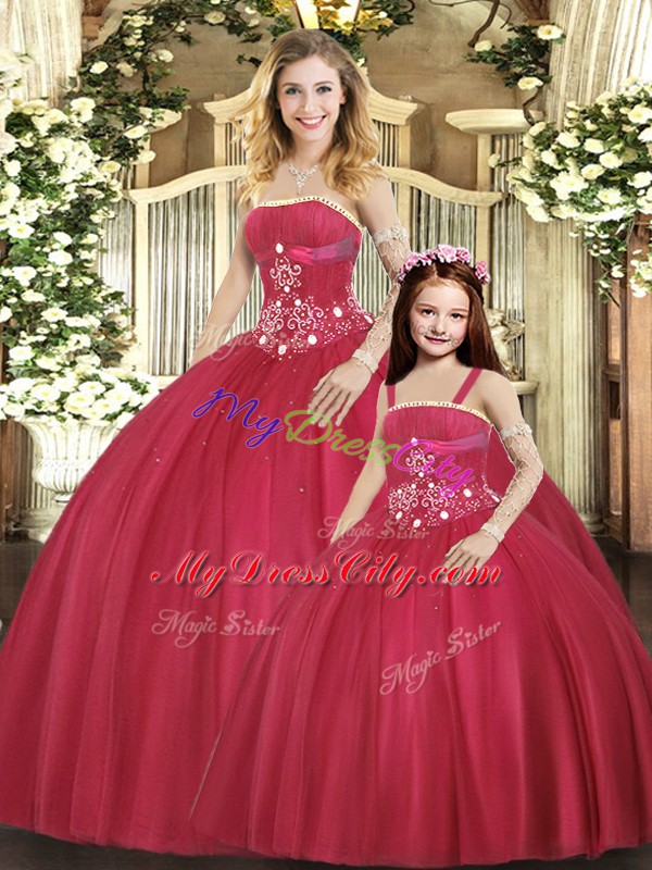 Lovely Red Tulle Lace Up Sweet 16 Quinceanera Dress Sleeveless Floor Length Beading