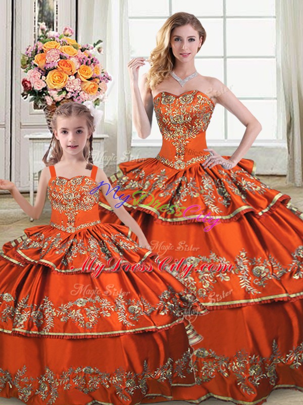 Exceptional Orange Ball Gown Prom Dress Sweet 16 and Quinceanera with Embroidery and Ruffled Layers Straps Sleeveless Lace Up