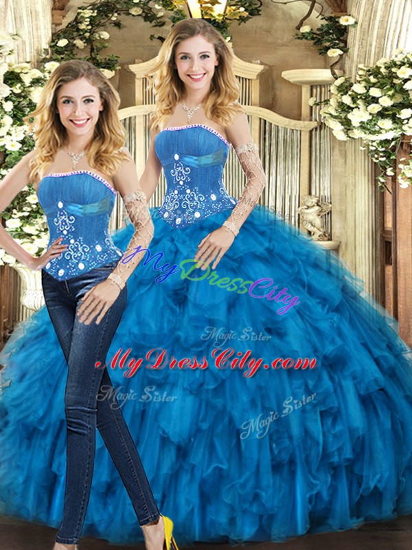 Floor Length Lace Up Quince Ball Gowns Blue for Sweet 16 and Quinceanera with Beading and Ruffles