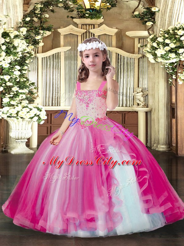 Adorable Hot Pink Sleeveless Floor Length Beading Lace Up Kids Pageant Dress