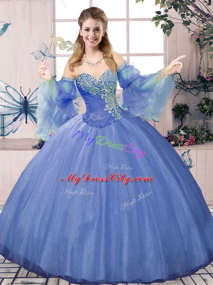 Romantic Blue Lace Up Sweet 16 Quinceanera Dress Beading Sleeveless Floor Length