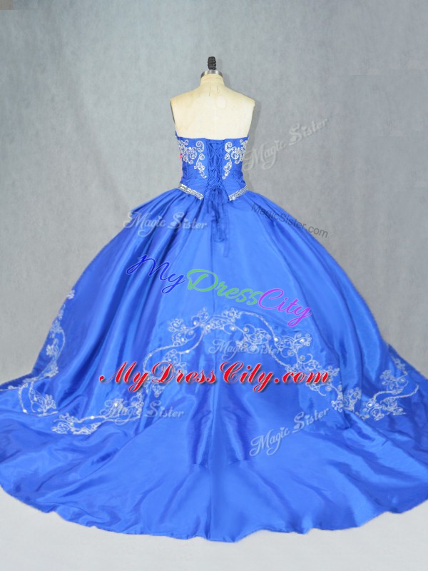 Elegant Blue Sweetheart Lace Up Beading and Embroidery Sweet 16 Dresses Court Train Sleeveless