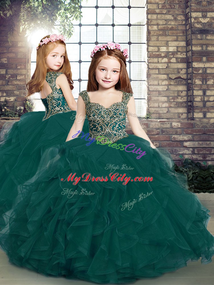 Peacock Green Sleeveless Tulle Lace Up Pageant Gowns For Girls for Party and Sweet 16 and Wedding Party