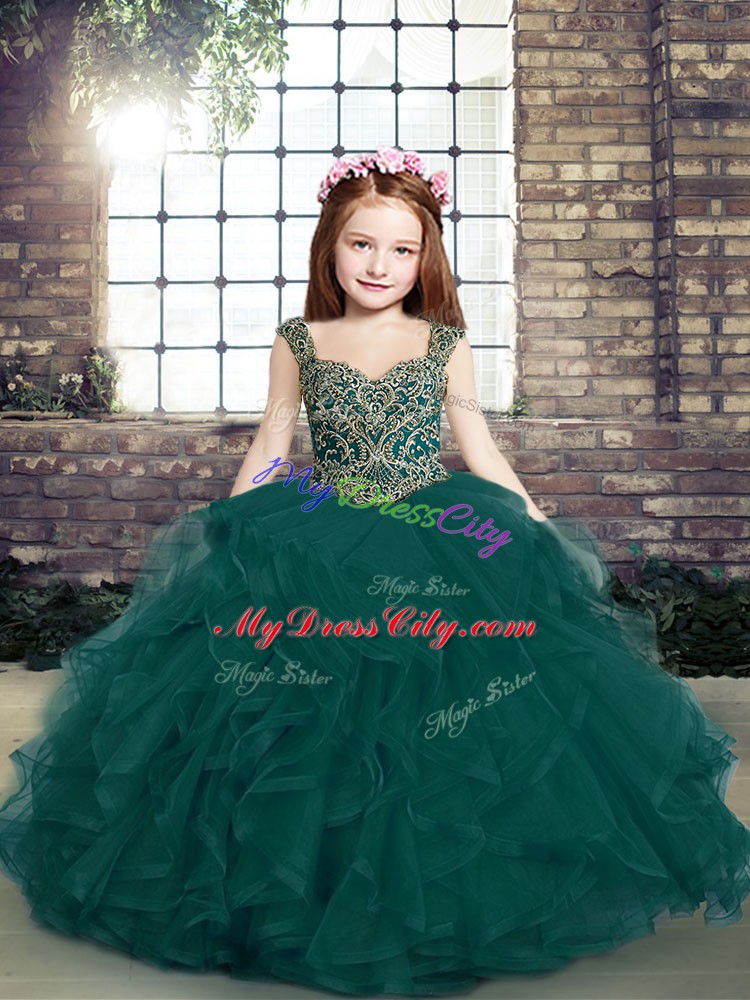 Peacock Green Sleeveless Tulle Lace Up Pageant Gowns For Girls for Party and Sweet 16 and Wedding Party