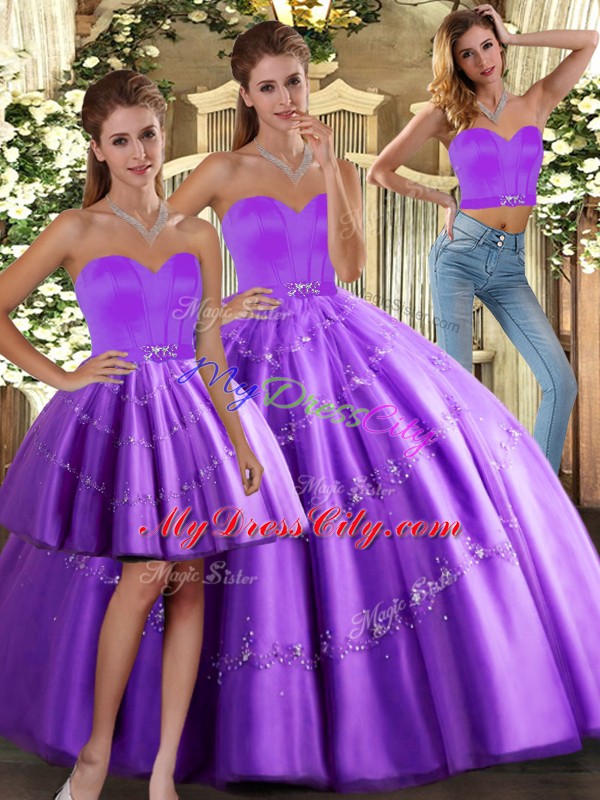 Superior Sweetheart Sleeveless Sweet 16 Dress Floor Length Beading Purple Tulle