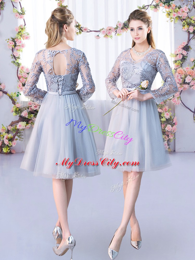 Adorable Grey V-neck Lace Up Lace and Belt Wedding Guest Dresses Long Sleeves