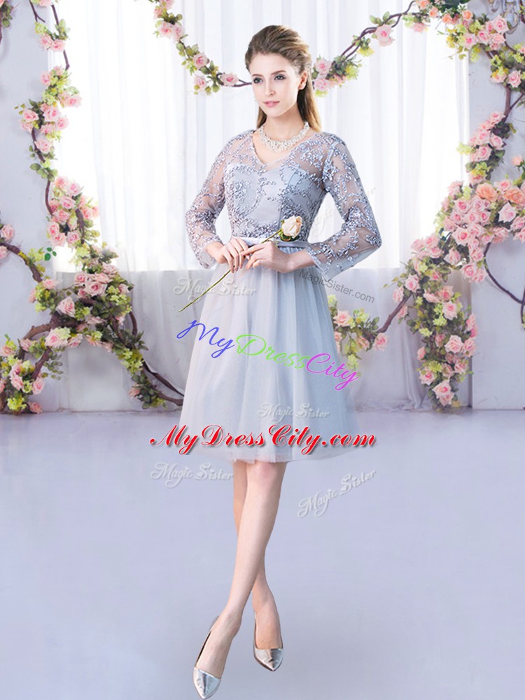 Adorable Grey V-neck Lace Up Lace and Belt Wedding Guest Dresses Long Sleeves