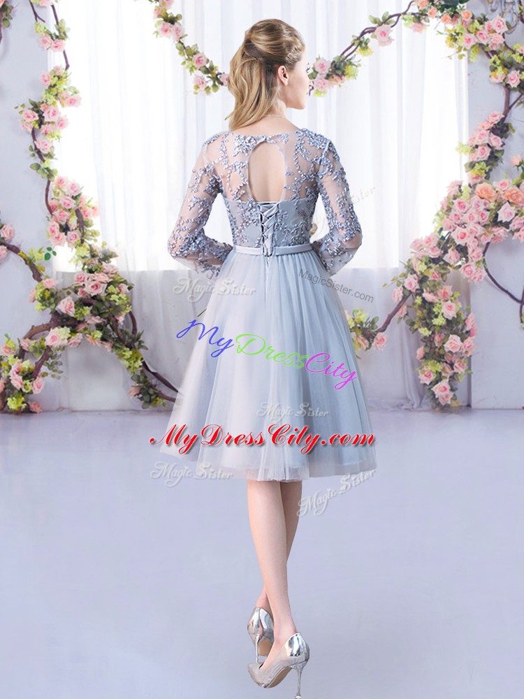 Adorable Grey V-neck Lace Up Lace and Belt Wedding Guest Dresses Long Sleeves