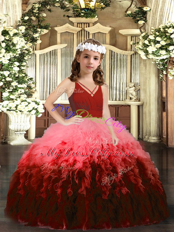 Customized Multi-color V-neck Neckline Beading and Ruffles Pageant Gowns For Girls Sleeveless Zipper