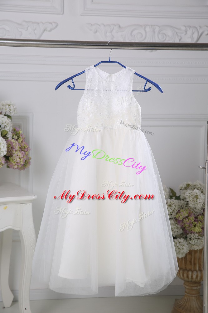 Dazzling White Tulle Zipper Scoop Sleeveless Floor Length Toddler Flower Girl Dress Lace