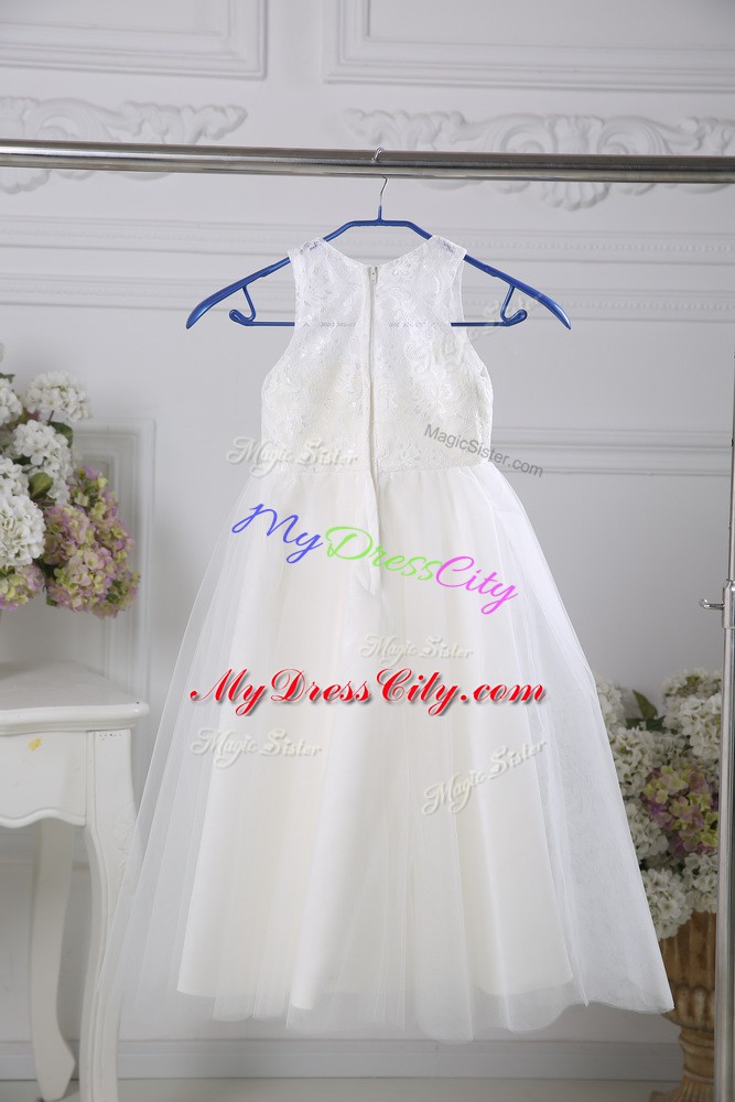 Dazzling White Tulle Zipper Scoop Sleeveless Floor Length Toddler Flower Girl Dress Lace