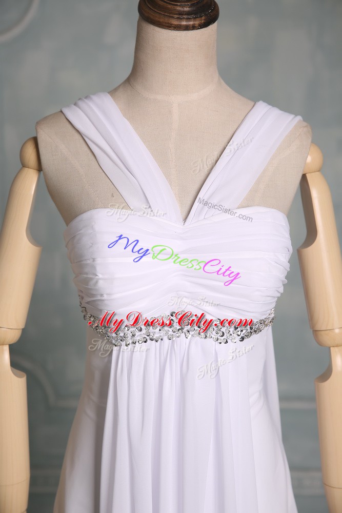 Amazing White Straps Zipper Beading Wedding Gowns Sleeveless