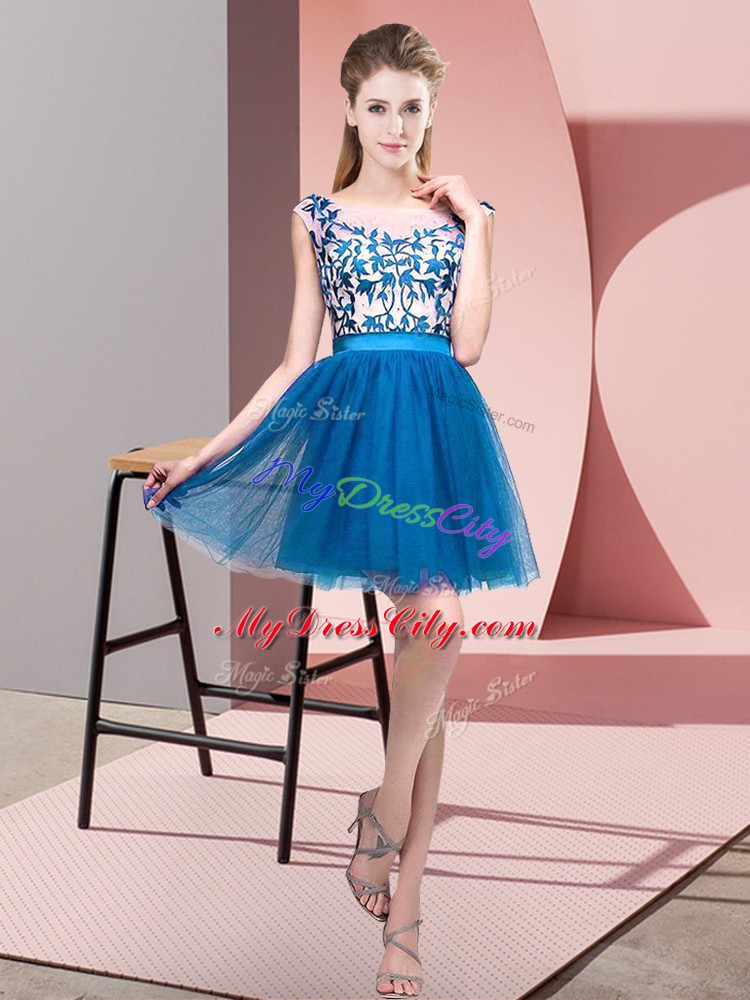 Sumptuous Blue A-line Bateau Sleeveless Tulle Mini Length Zipper Lace Wedding Party Dress