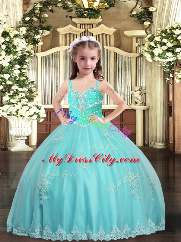 Attractive Aqua Blue Lace Up Straps Appliques Glitz Pageant Dress Tulle Sleeveless