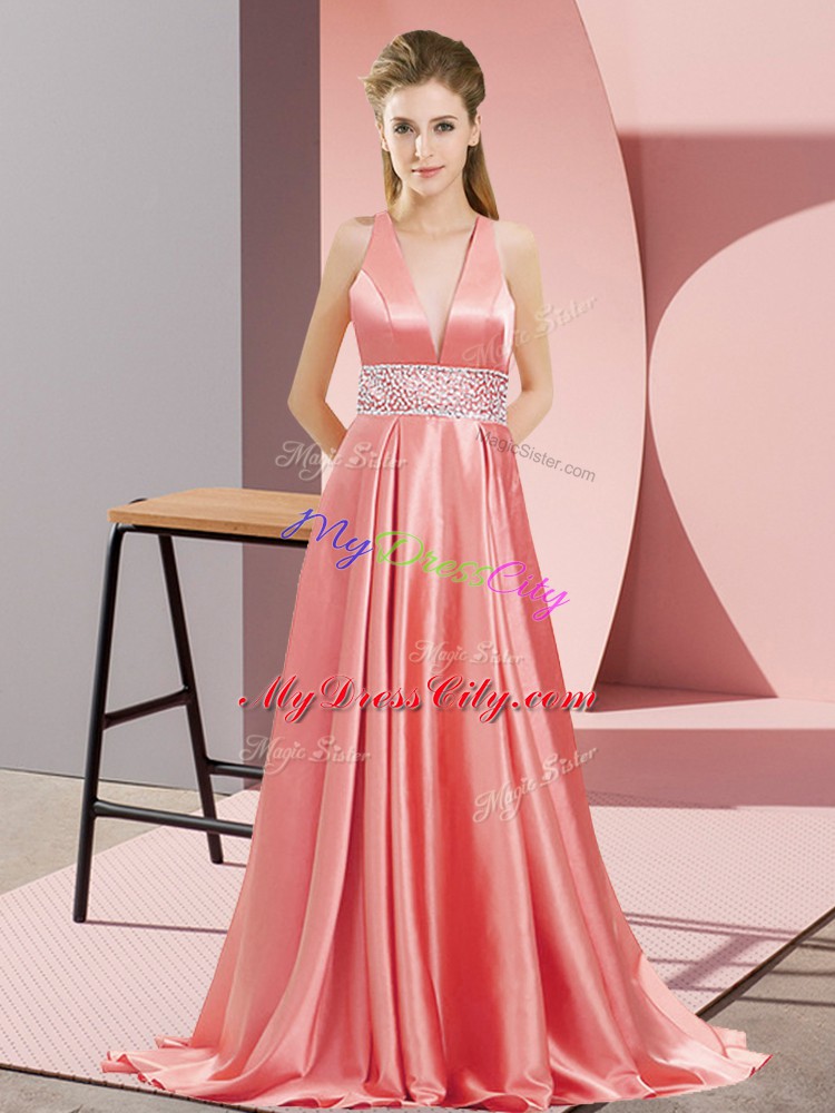 Sleeveless Elastic Woven Satin Brush Train Backless Prom Evening Gown in Watermelon Red with Beading