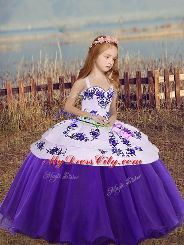 Eggplant Purple and Purple Straps Lace Up Embroidery Kids Pageant Dress Sleeveless