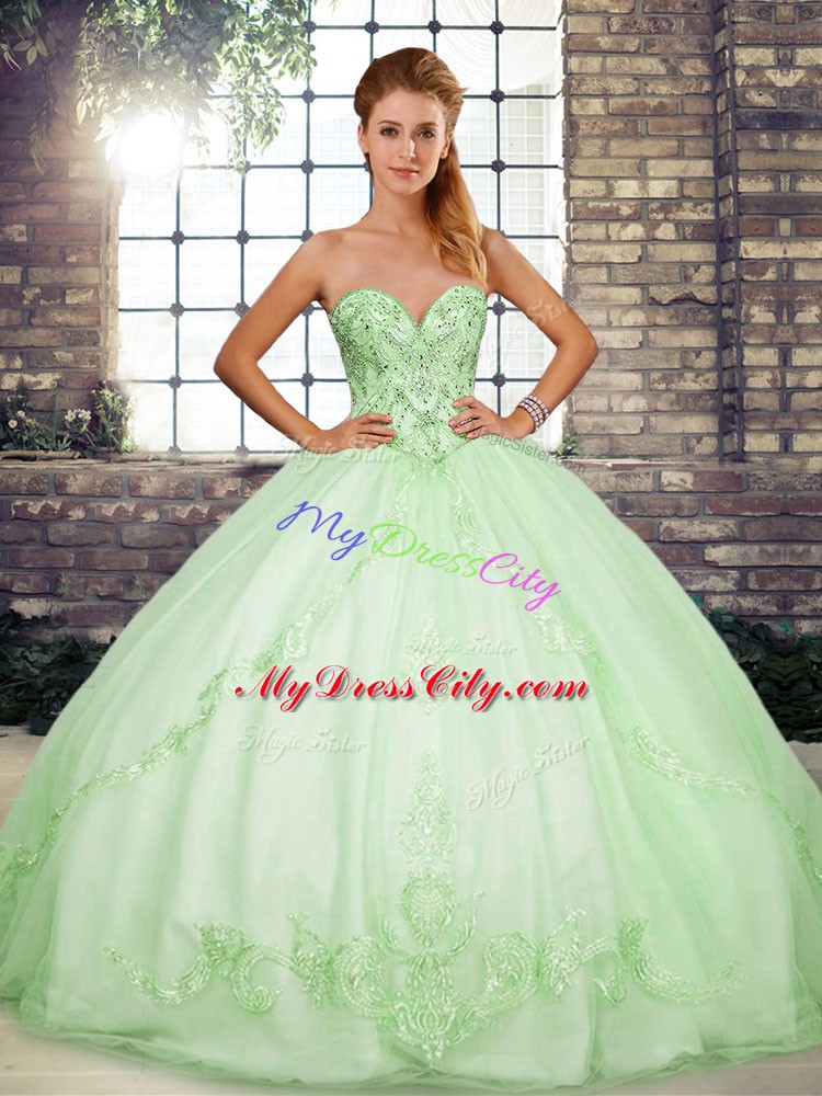 Traditional Apple Green Ball Gowns Beading and Embroidery Sweet 16 Quinceanera Dress Lace Up Tulle Sleeveless Floor Length