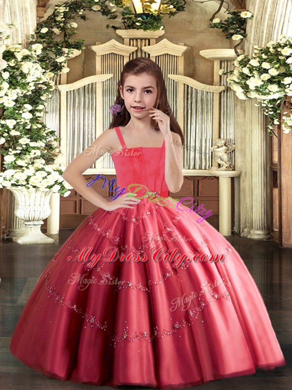 Elegant Straps Sleeveless Winning Pageant Gowns Floor Length Beading Coral Red Tulle