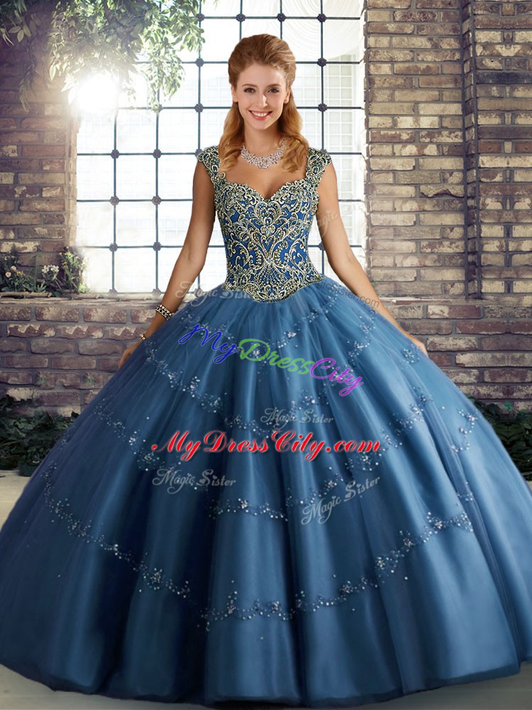 Sleeveless Floor Length Beading and Appliques Lace Up Quinceanera Gown with Blue