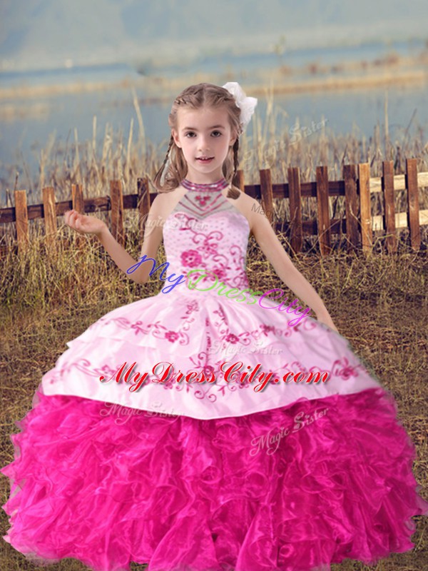 Exquisite Sleeveless Beading and Embroidery and Ruffles Lace Up High School Pageant Dress