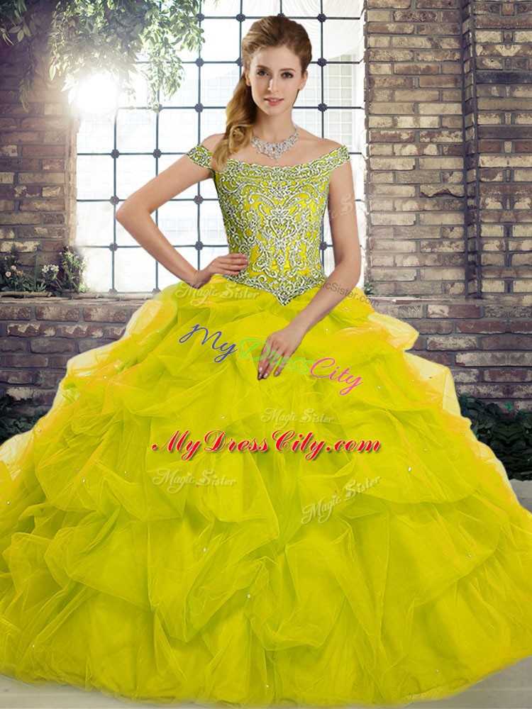 High End Yellow Green Sleeveless Tulle Brush Train Lace Up Quinceanera Dresses for Military Ball and Sweet 16 and Quinceanera