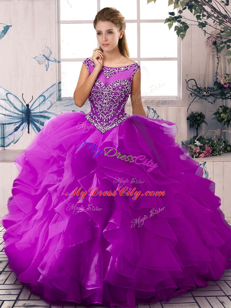 Purple Scoop Neckline Beading and Ruffles Sweet 16 Dresses Sleeveless Zipper