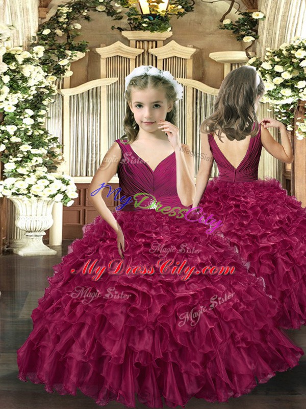 Burgundy Organza Backless V-neck Sleeveless Floor Length Pageant Dress for Girls Beading and Ruffles