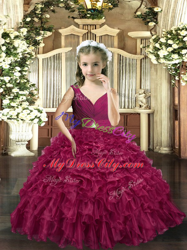 Burgundy Organza Backless V-neck Sleeveless Floor Length Pageant Dress for Girls Beading and Ruffles