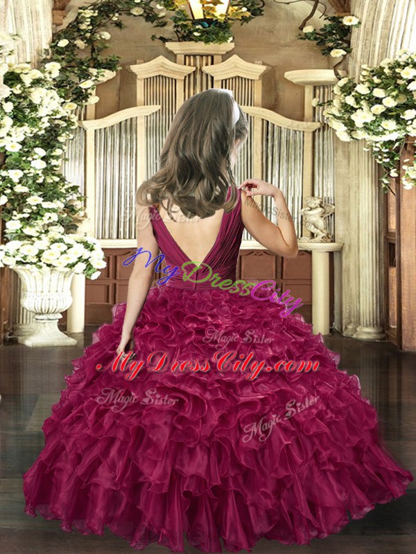 Burgundy Organza Backless V-neck Sleeveless Floor Length Pageant Dress for Girls Beading and Ruffles