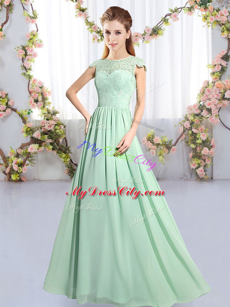 Super Cap Sleeves Chiffon Floor Length Clasp Handle Bridesmaid Dress in Apple Green with Lace