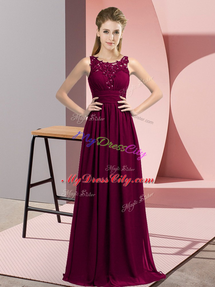 Dark Purple Zipper Scoop Beading and Appliques Bridesmaid Dresses Chiffon Sleeveless