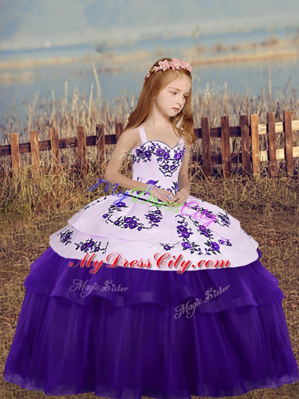 Graceful Straps Sleeveless Tulle Kids Formal Wear Embroidery Side Zipper