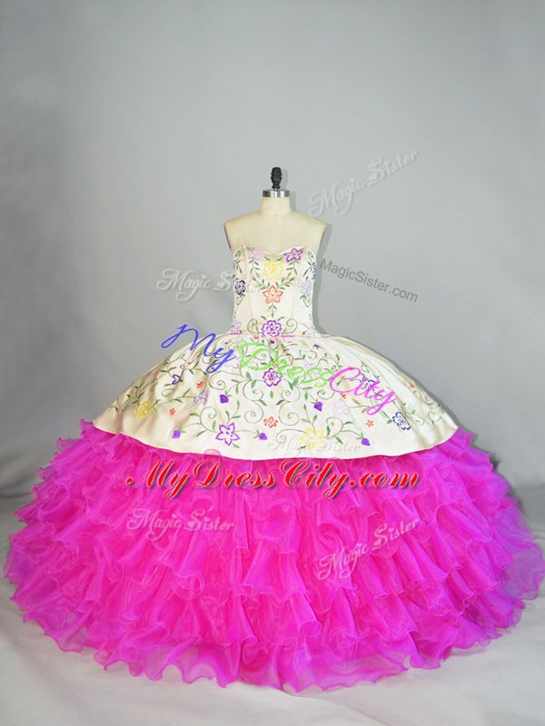 Fuchsia Quinceanera Dresses Sweet 16 and Quinceanera with Embroidery and Ruffled Layers Sweetheart Sleeveless Lace Up