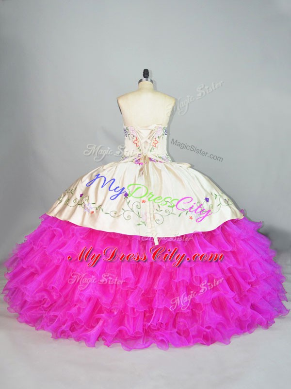 Fuchsia Quinceanera Dresses Sweet 16 and Quinceanera with Embroidery and Ruffled Layers Sweetheart Sleeveless Lace Up