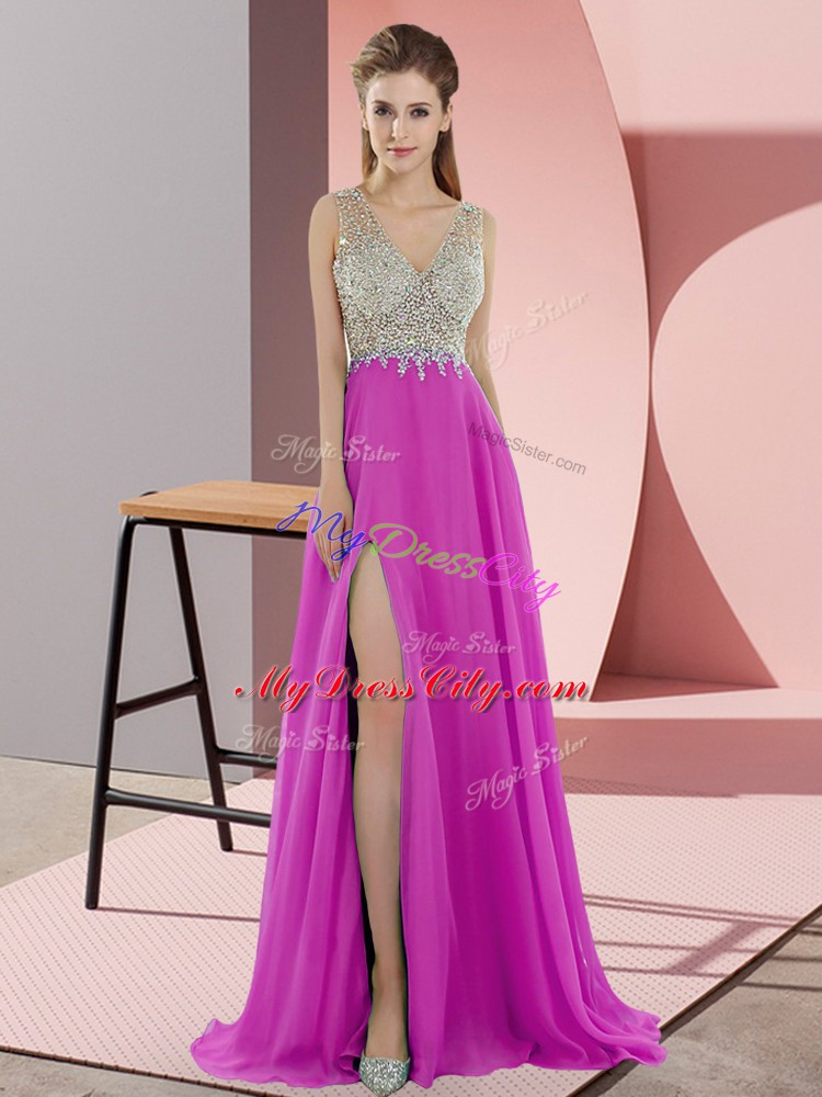 Exquisite Chiffon Sleeveless Prom Party Dress Sweep Train and Beading