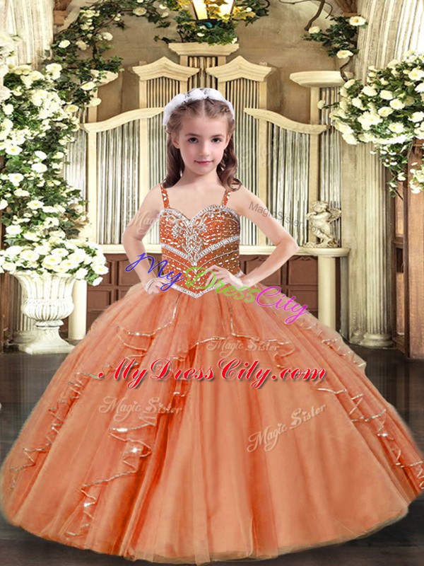 Floor Length Lace Up Girls Pageant Dresses Peach for Party and Sweet 16 and Wedding Party with Beading