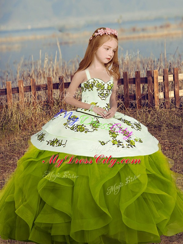 Long Sleeves Lace Up Floor Length Embroidery and Ruffles Little Girl Pageant Dress