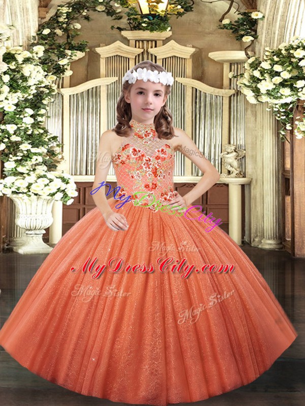 Orange Ball Gowns Appliques Pageant Gowns For Girls Lace Up Tulle Sleeveless Floor Length