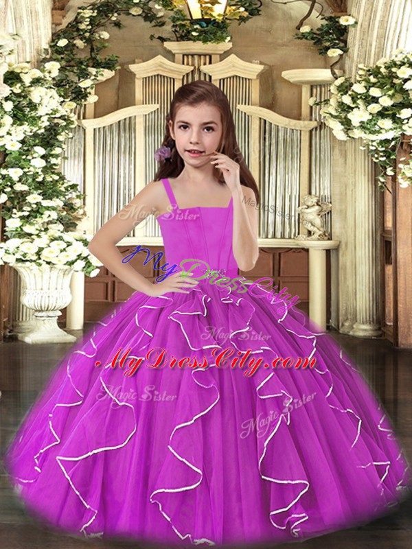 Hot Selling Purple Tulle Lace Up Kids Pageant Dress Sleeveless Floor Length Ruffles