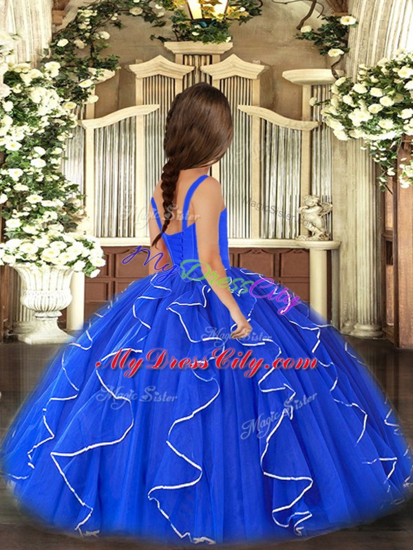 Hot Selling Purple Tulle Lace Up Kids Pageant Dress Sleeveless Floor Length Ruffles