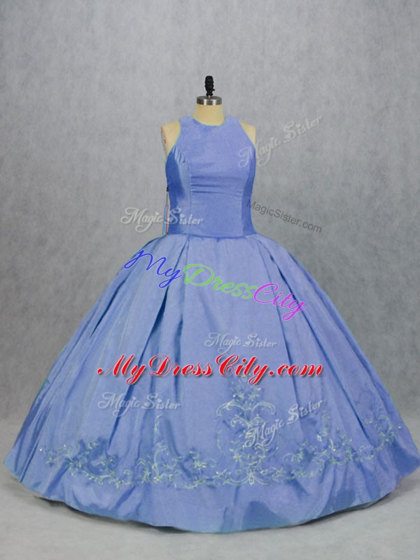 Blue Zipper Scoop Embroidery Sweet 16 Quinceanera Dress Satin Sleeveless