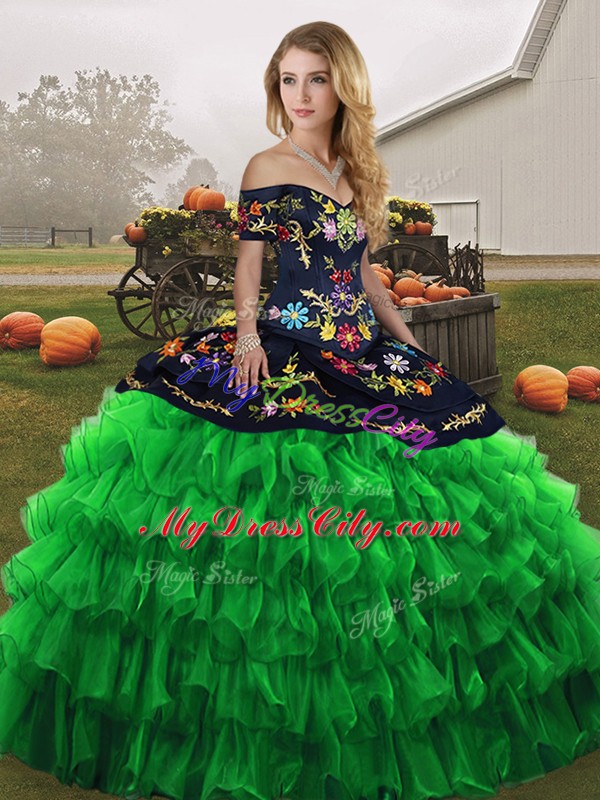 Nice Embroidery and Ruffled Layers 15th Birthday Dress Green Lace Up Sleeveless Floor Length