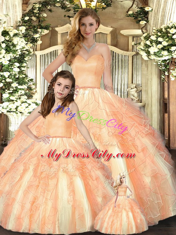 Sexy Orange Sleeveless Beading and Ruffles Floor Length 15th Birthday Dress