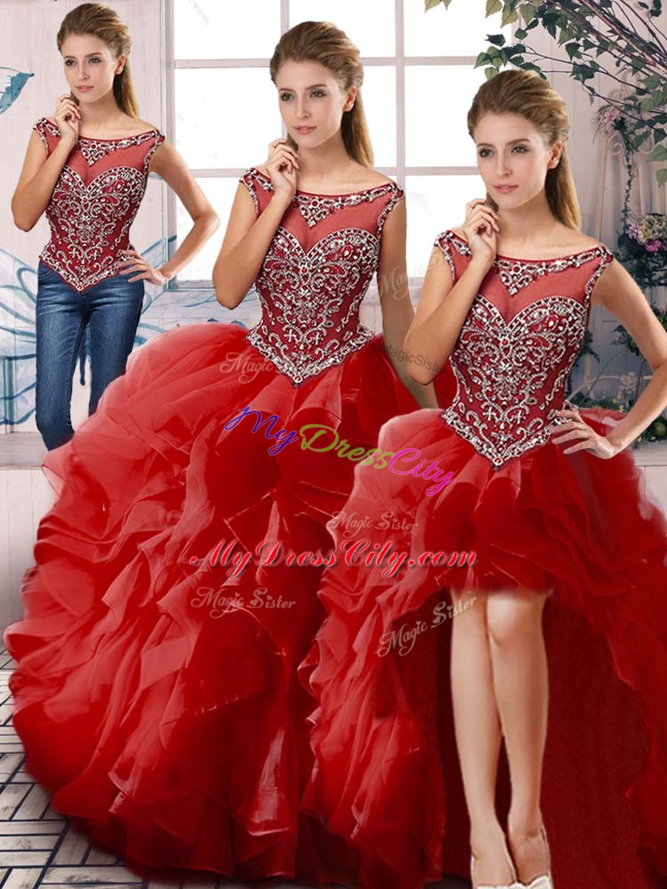 Red Scoop Neckline Beading and Ruffles Quinceanera Gowns Sleeveless Zipper